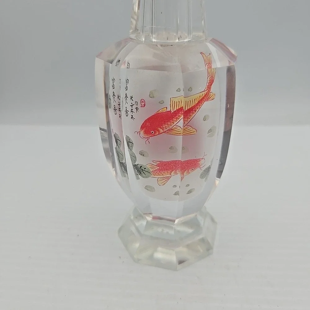 Vintage Chinese Glass Vase Crystal Clear Hand Painted Inside Peony Flower Asian‎